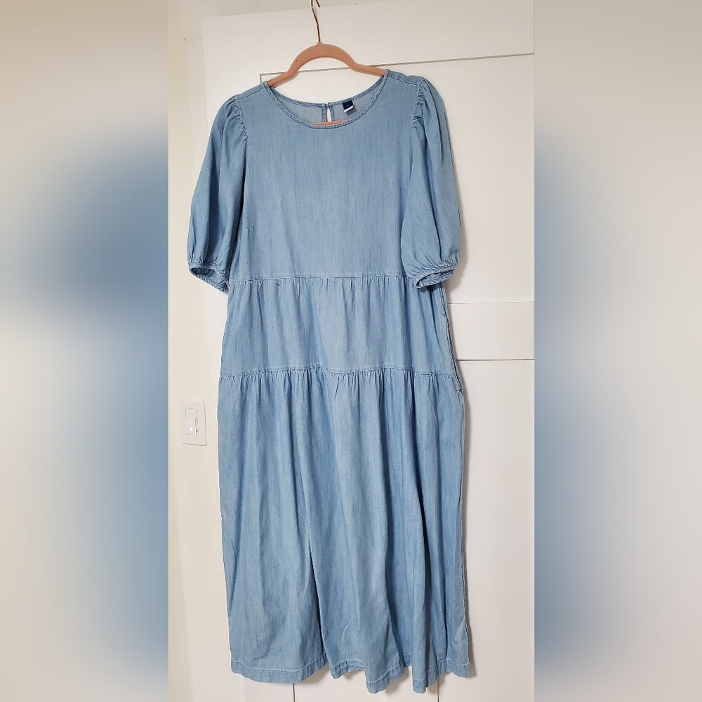 Old Navy Tiered Chambray Puff-Sleeve All-Day Midi Swing Dress size L